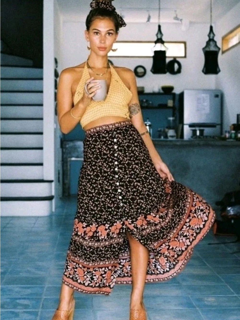 Arnhem Clothing Dahlia Midi Skirt with Coral Floral Border